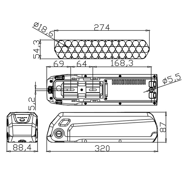 Haichuang SSE-149 Batterie Pack Case空きボックス自転車Akkuダウンチューブバッテリー18650 40PCS 10S4PサイドリリースEBIKEバッテリーマウント